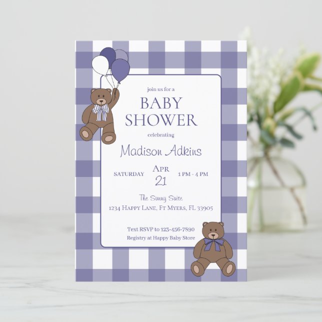 Teddy Bears Baby Girl Purple and White Baby Shower Inbjudningar (Stående Fram)