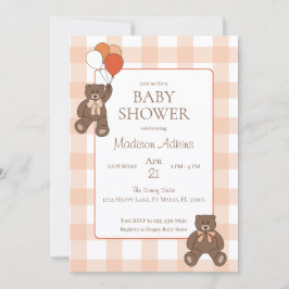 Teddy Bears Baby Shower Balloons Bows Orange Plaid Inbjudningar
