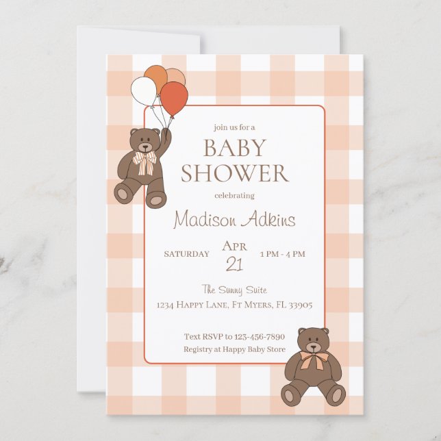 Teddy Bears Baby Shower Balloons Bows Orange Plaid Inbjudningar (Framsida)