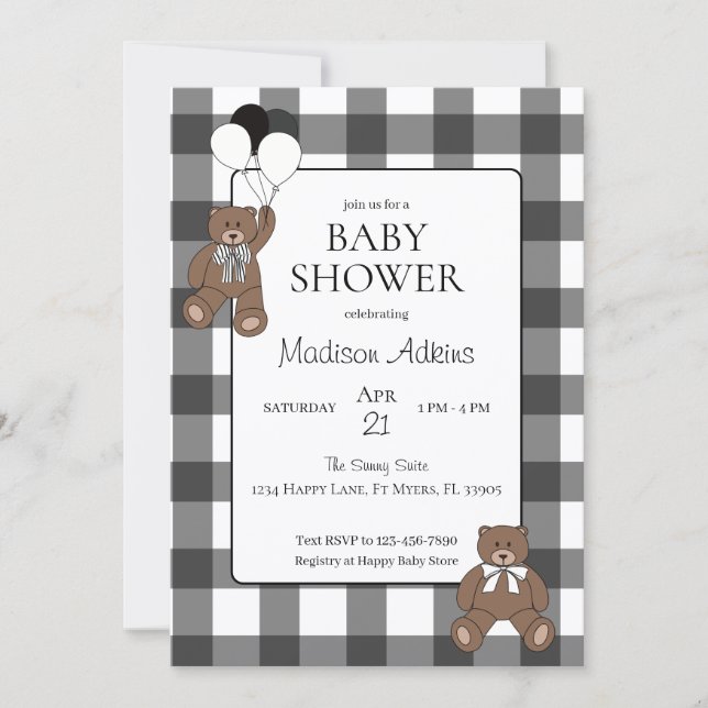 Teddy Bears Black Buffalo Check Baby Shower Inbjudningar (Framsida)