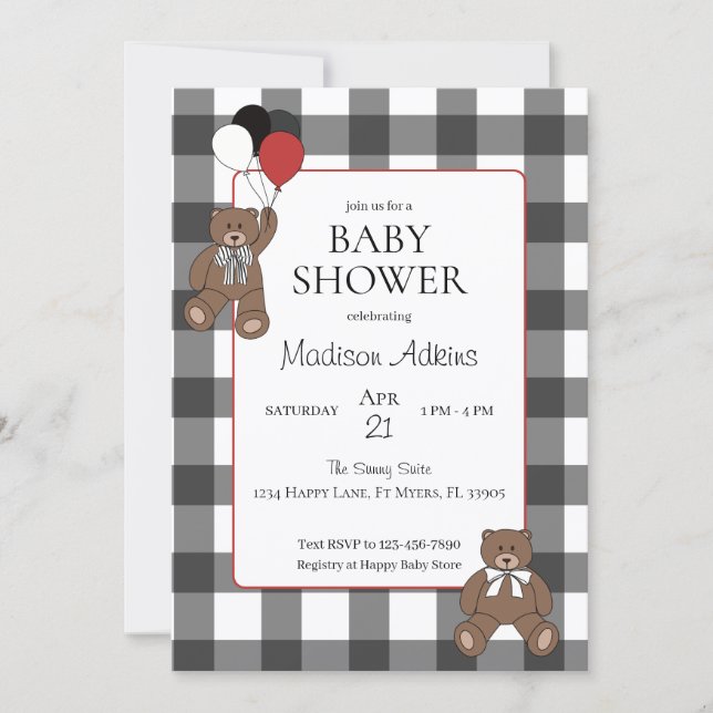Teddy Bears Black White Buffalo Check Baby Shower Inbjudningar (Framsida)