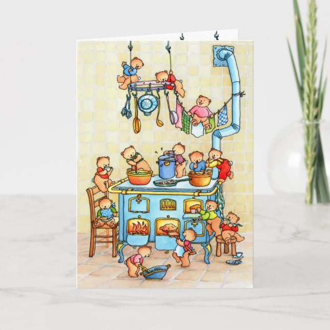 Teddy Bears Cooking in Kitchen Childrens Card Kort (Framsida)
