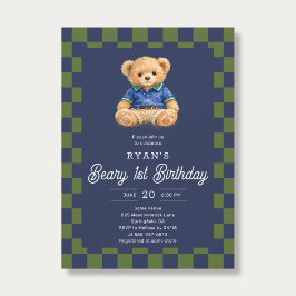 Teddy Beary 1st Birthday Checkboard Blue Green Inbjudningar
