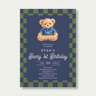 Teddy Beary 1st Birthday Checkboard Blue Green Inbjudningar