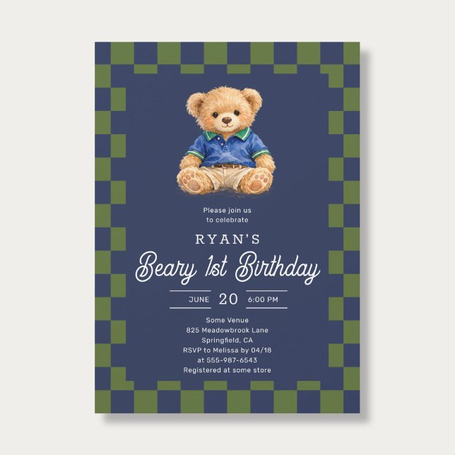Teddy Beary 1st Birthday Checkboard Blue Green Inbjudningar (Skapare uppladdad)