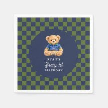 Teddy Beary 1st Birthday Checkboard Paper Napkin