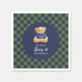Teddy Beary 1st Birthday Checkboard Paper Napkin Pappersservett
