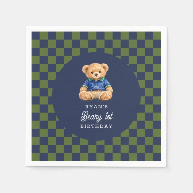 Teddy Beary 1st Birthday Checkboard Paper Napkin Pappersservett (Framsidan)