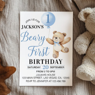 Teddy Blue Balloon Beary Första födelsedagen Inbjudningar