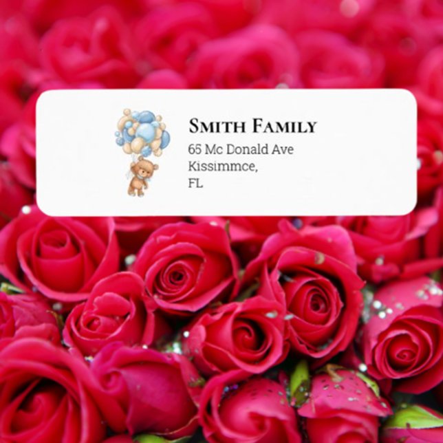 Teddy Boy Blue Balloons Returadress Etikett (Celebrate your little one's special moments with our Teddy Boy Blue Balloons Label.  )