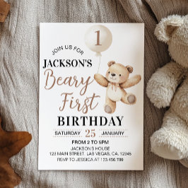 Teddy Brown Balloon Beary Första födelsedagen Inbjudningar