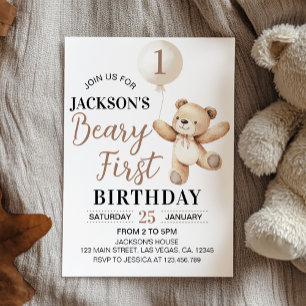 Teddy Brown Balloon Beary Första födelsedagen Inbjudningar