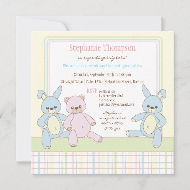 Teddy & Bunny Triplets Baby Shower-inbjudan Inbjudningar (Framsida)