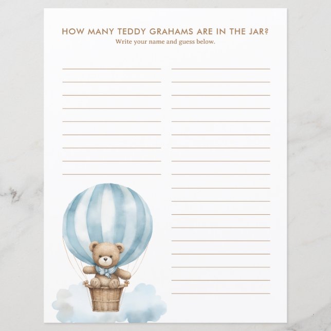 Teddy Graham Gissa Spel Baby Shower Svar Blad (Framsida)