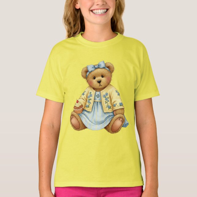 Teddy i en blå Linen Dress med en cupkaka T Shirt (Framsida)