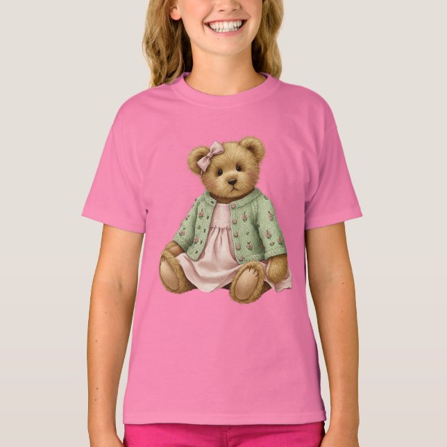 Teddy i en Rosa Dress och Grönt Cardigan T Shirt (Framsida)