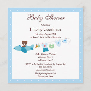 Teddy i Flygplan och Clothesline Blue Baby Shower Inbjudningar