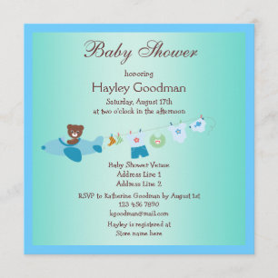 Teddy i Flygplan och Clothesline Blue Baby Shower Inbjudningar