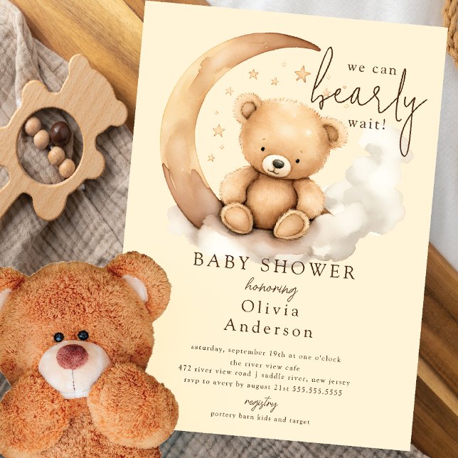 Teddy Måne Baby Shower Inbjudningar (Skapare uppladdad)