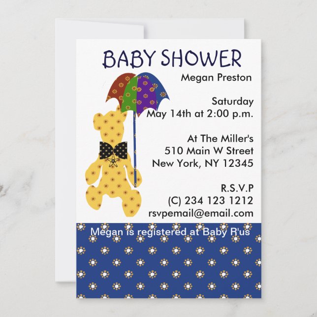 Teddy med Umbrella Baby Shower Inbjudningar (Framsida)
