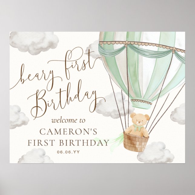 Teddy Mint Luftballong Beary First Birthday Poster (Framsidan)