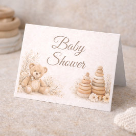 Teddy Neutral Baby Shower Vikut Falt Inbjudan