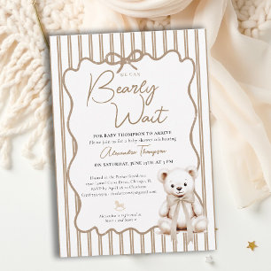 Teddy Neutrala Ränder Nappt Inte Bow Baby Shower Inbjudningar