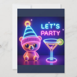 Teddy Party Time Neon Rosa Inbjudningar