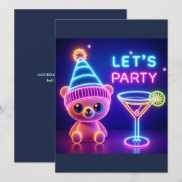 Teddy Party Time Neon Rosa Inbjudningar