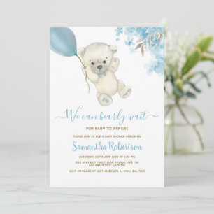 Teddy Polar Bear Blue Balloon Boy Shower Inbjudningar