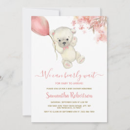 Teddy Polar Bear Rosa Balloon Girl Baby Shower Inbjudningar