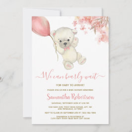 Teddy Polar Bear Rosa Balloon Girl Baby Shower Inbjudningar