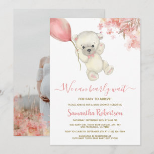 Teddy Polar Bear Rosa Balloon Girl Baby Shower Inbjudningar