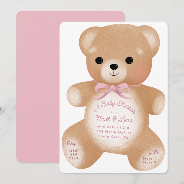 Teddy Rosa Bow Baby Shower Inbjudningar (Fram/baksida)