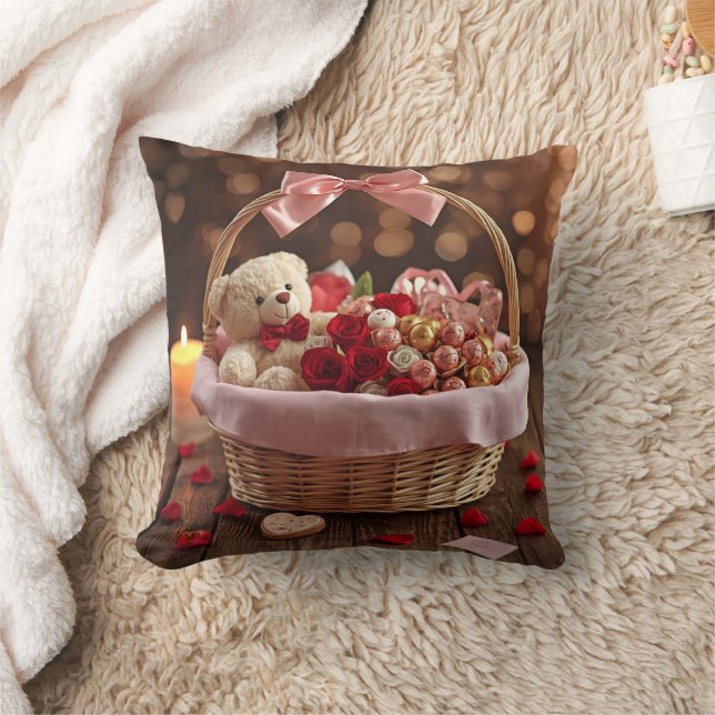Teddy Rose Basket Romantic Valentine Decorative Kudde (Filt)