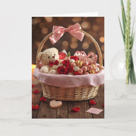 Teddy Rose Basket Romantic Valentine Love Greeting Kort