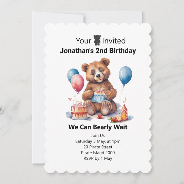 Teddy-tema för 2-årsdag för barn inbjudningar (Framsida)