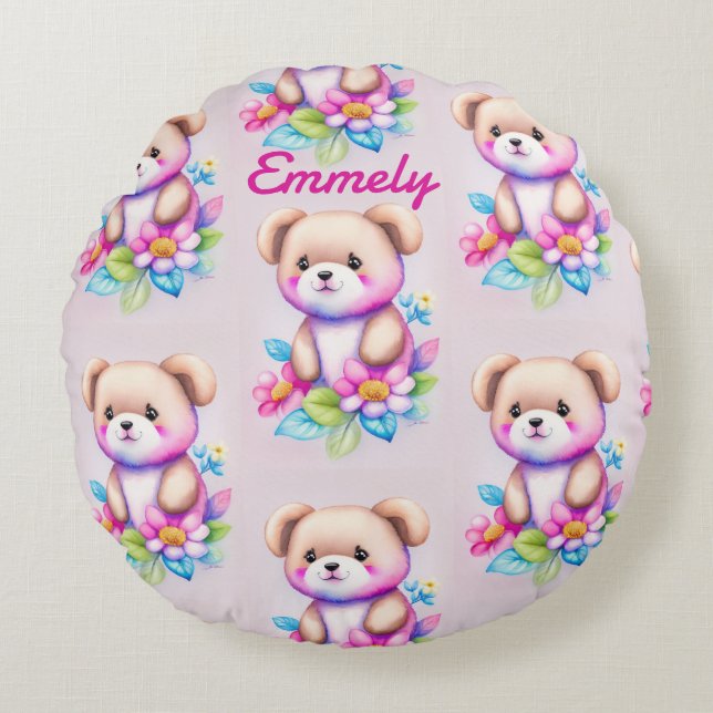 Teddybär Wasserfarben Pastell Rund Kudde (Framsidan)