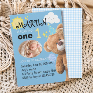 TeddyBear Blue Anpassningsbar Photo Boy Första föd Inbjudningar