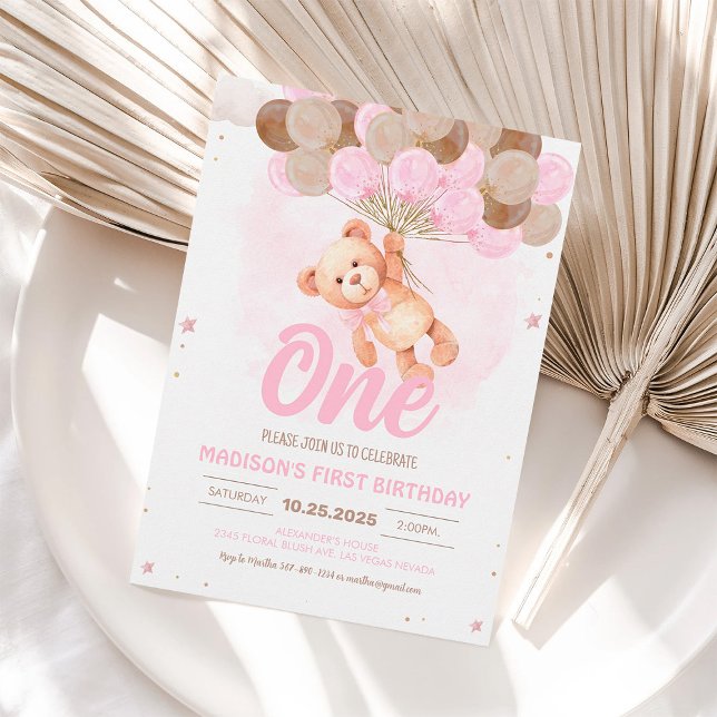 Teddybjörn 1-års födelsedagsinbjudan flicka rosa inbjudningar (Skapare uppladdad)