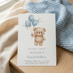 Teddybjörn 1-årsdag Blå Akvarell Inbjudningar