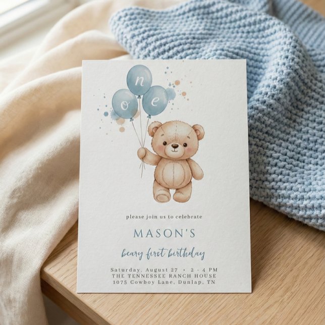 Teddybjörn 1-årsdag Blå Akvarell Inbjudningar (Skapare uppladdad)