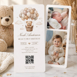 Teddybjörn 1-årsdag   Neutral Boho-tema QR  Inbjudningar