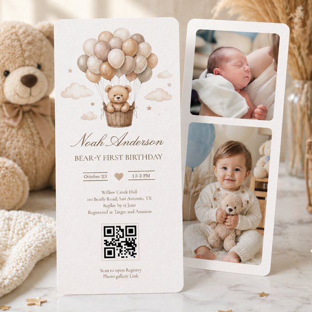 Teddybjörn 1-årsdag | Neutral Boho-tema QR  Inbjudningar (Skapare uppladdad)