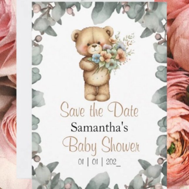Teddybjörn  Akvarell Vitt datum Inbjudningar (Get ready for an unforgettable celebration with our adorable teddy bear baby shower invitation! )