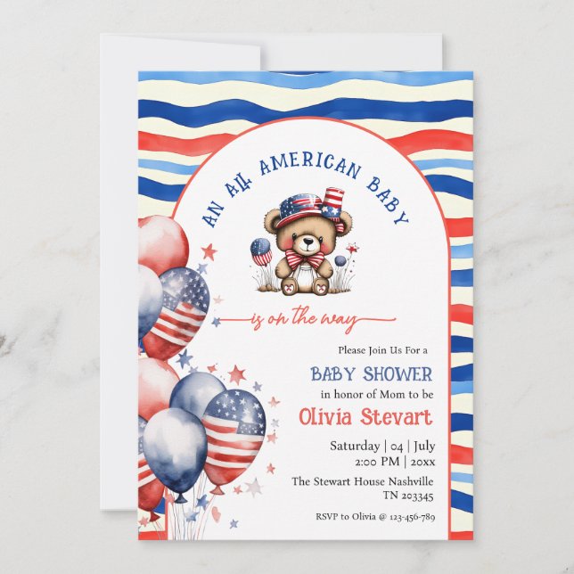 Teddybjörn  All Amerikansk Bebis 4:e Juli Bebis Ka Inbjudningar (Framsida)
