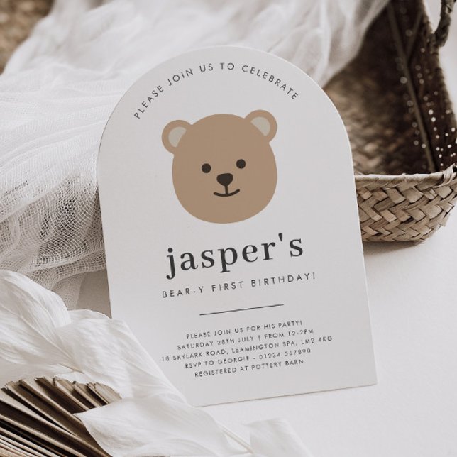Teddybjörn Ansikte Första Födelsedagen Inbjudningar (Zazzle Teddy Bear Face Arched First Birthday Invitation)