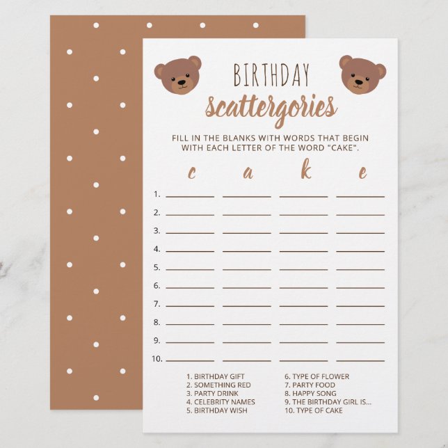 Teddybjörn Baby Födelsedagstårta Scattergories Spe (Fram/baksida)