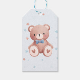 Teddybjörn Baby Pojke Bebis - Mjukt Blå Stjärnor Presentetikett