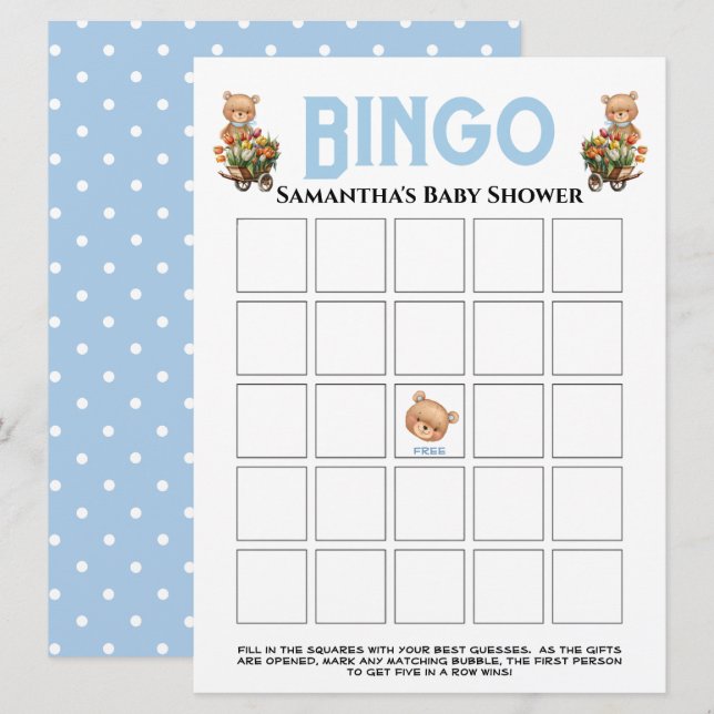Teddybjörn baby shower Blå blommig bingo inbjudan (Fram/baksida)